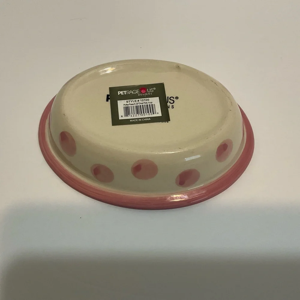PetRageous Designs Pink POLKA PAWS Oval Pet Food Stoneware Bowl Dish Cat…